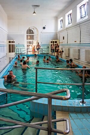 BUDAPEST, HUNGARY - August 24, 2019: Szechenyi thermal bathes one of the biggest natural hot spring spa baths in Europe in Budapest, Hungary.のeditorial素材