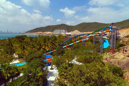 NHA TRANG, VIETNAM - FEB 12, 2015: The âMulti Slide banana mat slides at Vinpearl Water Park, Hon Tre Island, Nha Trang, Vietnamのeditorial素材
