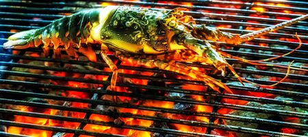 Lobster Cooking grilling on flaming grill steamed (selective focus)の写真素材