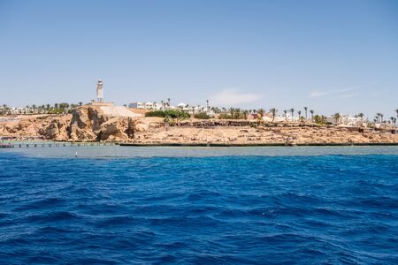 Lighthouse Sinai mountains sea panoramic landscape near Sharm El Sheikh in Egyptの写真素材
