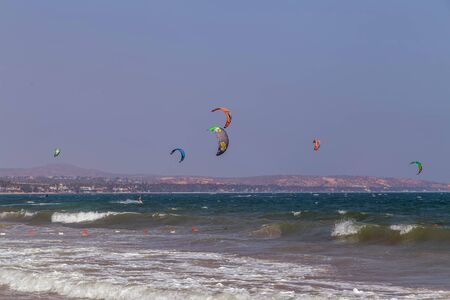 Mui Ne, Phan Thiet, Vietnam - Feb 16, 2015: Kitesurfer rides the waves sea water splash, attractive sport sea Mui Ne Coco Beach Phan Thiet Cam Ranh Bay Vietnam.のeditorial素材