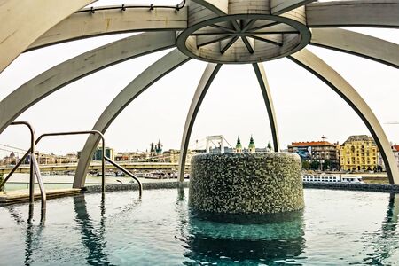 BUDAPEST, HUNGARY - August 23, 2019: Rudas Baths Ottoman architecture Turkish bath. Medicinal Thermal Baths and Spa. Panorama pool on the rooftopのeditorial素材