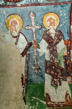 Goreme, Cappadocia, Turkey - May 07, 2014: Fresco Christian Decoration on Ceiling background in cave orthodox El Nazar Old Church at the Goreme open air museum Cappadocia, Anatolia Turkeyのeditorial素材