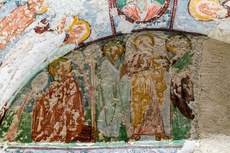 Goreme, Cappadocia, Turkey - May 07, 2014: Fresco Christian Decoration on Ceiling background in cave...