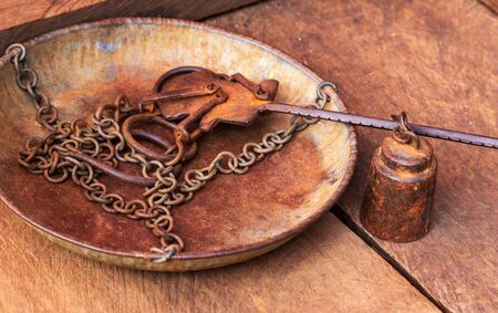 rustic Vintage weight scale balance chain wood floor patterns woody texture old textured background abstract surfaceの写真素材