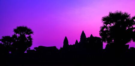 Panorama Palm trees Mist sunrise tropical morning violet mauve colorful sky landscape. Famous silhouette of Cambodian ancient temple Angkor wat, ngkor Archaeological Park near Siem Reap in Cambodia.の写真素材