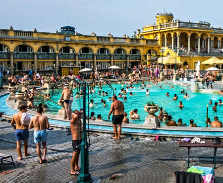 BUDAPEST, HUNGARY. August 24, 2019. Place Szechenyi Spa Medicinal Thermal Bath hot water outdoor In Budapest, Hungary.のeditorial素材