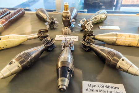 Ho Chi Minh City, Vietnam - JANUARY 25, 2015: A view shows the mortar shells War Remnants Museum Exhibitions Military Collection Vietnam War.のeditorial素材