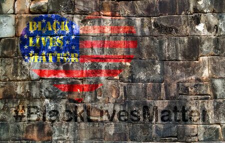 Black Lives Matter hashtag African-American people Protest against Black racism stencil heart United States of America United States Flag of the USA wall stone texture old backgroundの写真素材