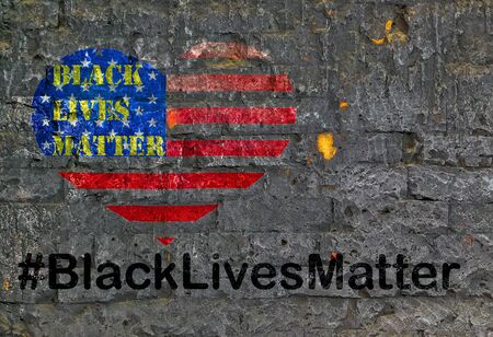 Black Lives Matter hashtag protestors anti Black racism african american people heart on United States flag stencil city street wall stone texture old backgroundの写真素材