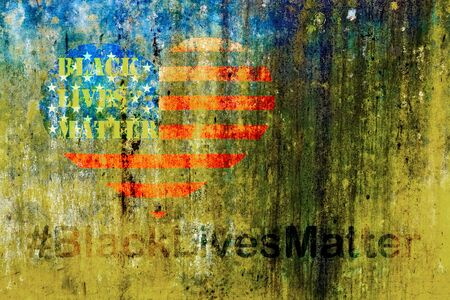 Black Lives Matter slogan hashtag liberation banner protestors heart stencil on American flag USA city street old concrete wallの写真素材