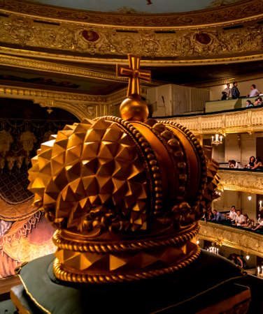 Saint-Petersburg, Russia, July 07, 2014: Royal Imperial Crown in the Mariinsky Theatre auditorium the Royal box.のeditorial素材