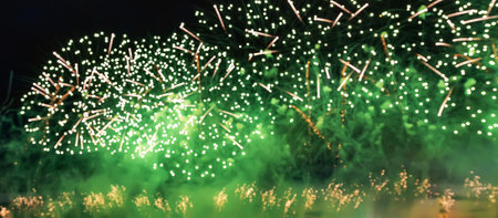 Firework new year sky party abstract bokeh night background, bannerの写真素材