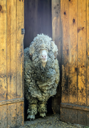 Sheep looking at camera in farm wool flock lamb merinoの写真素材