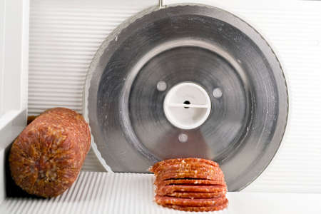 Tabletop Electric Food Meat Slicer knife Removable Stainless Steel Blade CUT SALAMIの写真素材