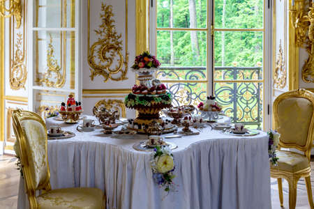 Hermitage pavilion Interior mechanical table dining central part of the ceremonial hall - St. Petersburg. Tsarskoye Selo. City Pushkin. RUSSIA June 3, 2014のeditorial素材