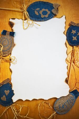 Easter background with blank card and handmade eggsの写真素材