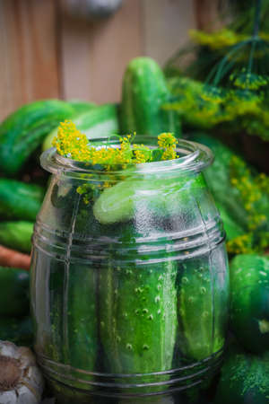 Jar of pickles and other ingredients for picklingの写真素材