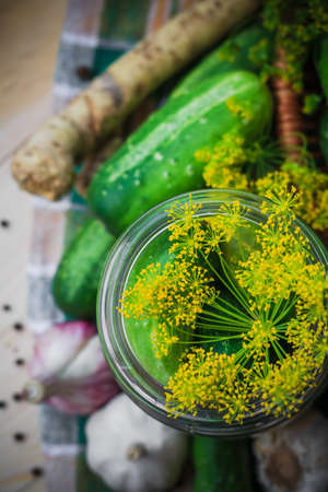 Top view of a jar of pickles and other ingredients for picklingの写真素材