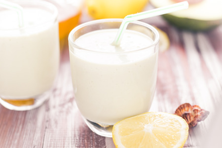 Yoghurt cocktail with avocado, lemon and honeyの写真素材