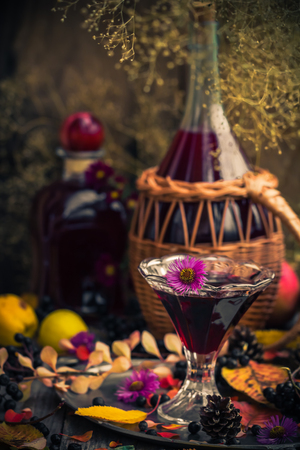 Gifts of autumn in the kitchen: sweet aromatic drink tincture of chokeberryの写真素材