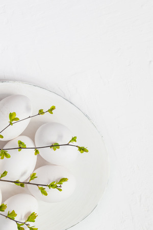 White eggs and spring twigs on a platterの写真素材