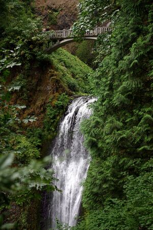 A scene in which their is a bridge over the waterfallの写真素材