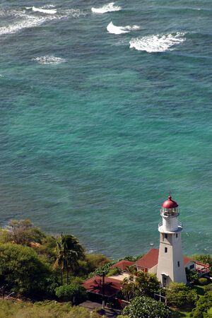 A scene of a lighthouse located near the shore