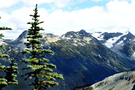 Mountains that are still covered in snow during the summer timeの写真素材