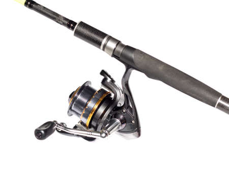 rod and reel for fishing on an isolated white background
