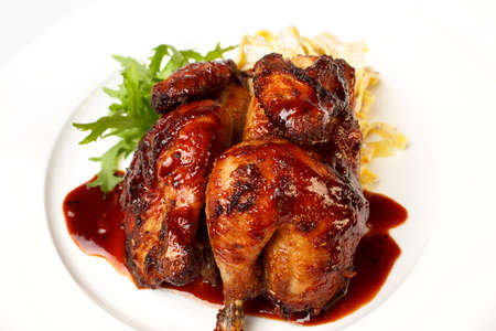 Whole baked juicy chicken with golden crispy skin
