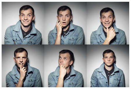 Collage of young man with various expressions against gray backgroundの写真素材