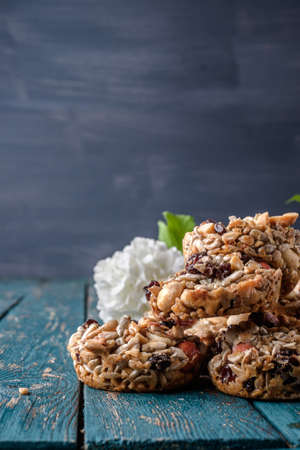 Kozinaki, briquettes of sunflower seeds, candied sugar, caramel or honey. Copyspace on top.の写真素材