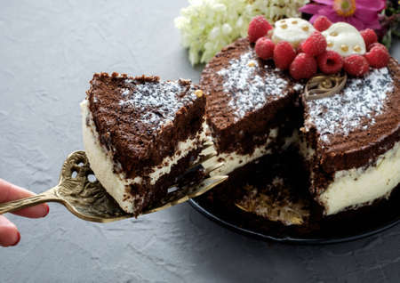 Sliced tasty chocolate raspberry cake on grey backgroundの写真素材