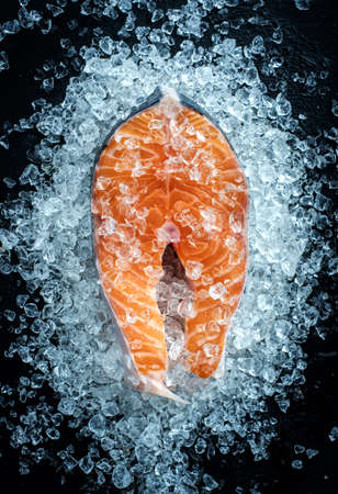Fresh Raw steak salmon on ice, top view.の写真素材