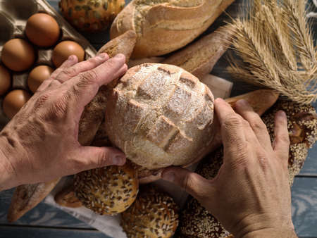 Baker's hands hold fresh bread.の写真素材