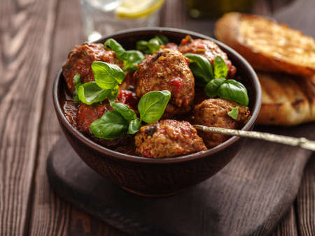 Delicious homemade meat balls in tomato sauceの写真素材