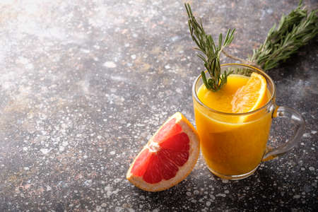 Fresh fruit cocktail on a dark backgroundの写真素材