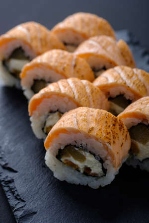 Fresh and tasty traditional Japanese sushi rolls close upの写真素材