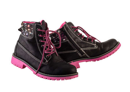 Winter Blue child boots with pink sole isolated on whiteの写真素材