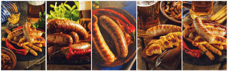 Collage of grilled sausages on a wooden table. Rustic style. Snacks for the Oktoberfest.       の写真素材