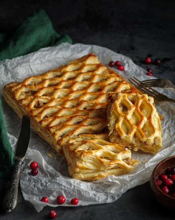 Chicken pie with broccoli from puff pastry.の写真素材