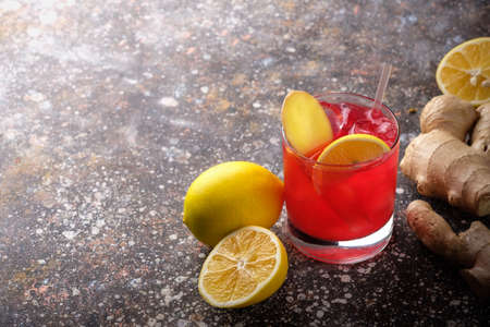 Fresh fruit cocktail on a dark backgroundの写真素材