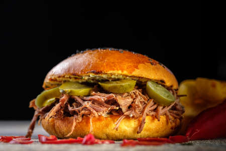 Fresh juicy delicious homemade burger. Hamburger with meat and fresh herbs.の写真素材