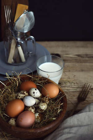 Rustic kitchen still life with milk and eggs.の写真素材