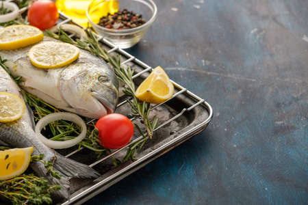 Fresh Raw Dorado with lemon, thyme, cherry and rosemary. Copyspace.の写真素材