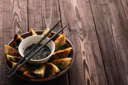 Fried Chinese dumpling called Gyoza, kind of asian food.の写真素材