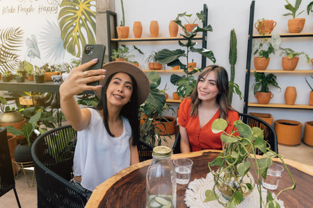 Two hispanic young adult women at a coffee shop. Smiling while taking a selfieの写真素材