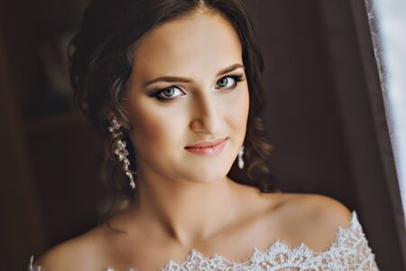 Portrait Of The Bride. A large portrait of a woman. Wedding day. Lace dressの写真素材