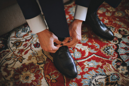 Men wearing work black boot. returning to the houseの写真素材